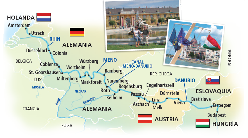 Mapa del itinerario GRAN CRUCERO DE EUROPA CRUCEROS RHIN Y DANUBIO GRAN CRUCERO DE EUROPA CRUCEROS AMSTERDAM BUDAPEST CRUCEROS FLUVIALES LARGOS CRUCEROS 15 DIAS POR EL RHIN Y EL DANUBIO CRUCEROS FLUVIALES EN ESPAÑOL